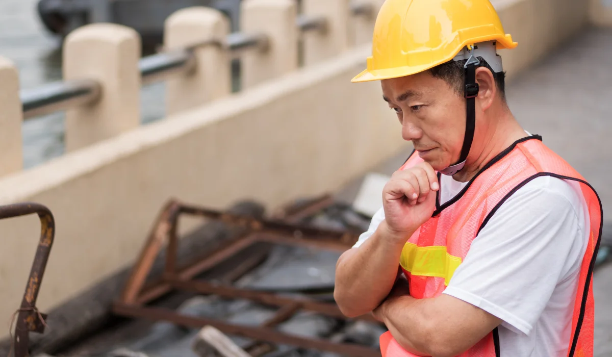 construction worker thinking planning with raw material