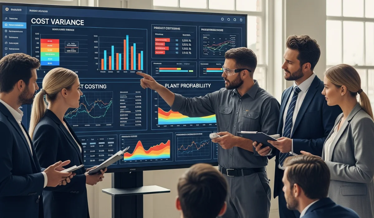 engineer team reading the data on large screen